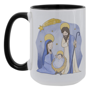 Η γέννηση του Ιησού watercolor, Κούπα Mega 15oz, κεραμική Μαύρη, 450ml