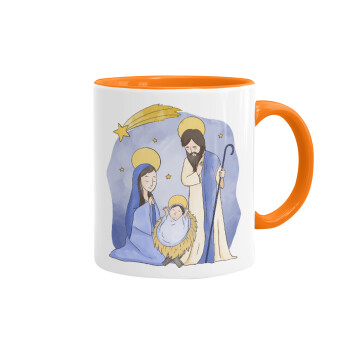 Nativity Jesus watercolor, Mug colored orange, ceramic, 330ml