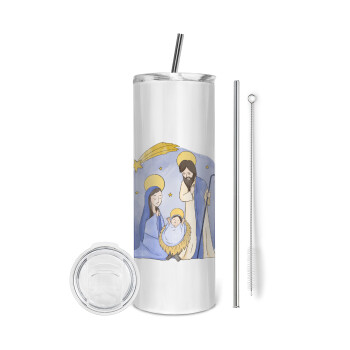 Η γέννηση του Ιησού watercolor, Eco friendly ποτήρι θερμό (tumbler) από ανοξείδωτο ατσάλι 600ml, με μεταλλικό καλαμάκι & βούρτσα καθαρισμού