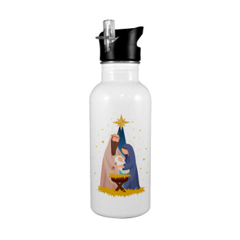 Nativity Jesus Joseph and Mary, White water bottle with straw, stainless steel 600ml