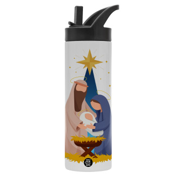 Η γέννηση του Ιησού Joseph and Mary, Μεταλλικό παγούρι θερμός με καλαμάκι & χειρολαβή, ανοξείδωτο ατσάλι (Stainless steel 304), διπλού τοιχώματος, 600ml