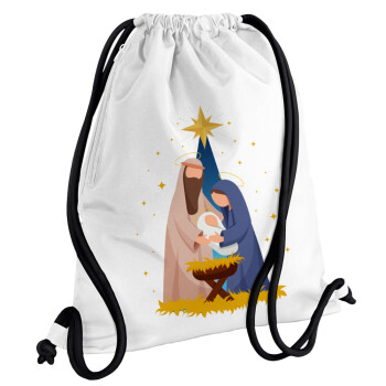 Nativity Jesus Joseph and Mary, Τσάντα πλάτης πουγκί GYMBAG λευκή, με τσέπη (40x48cm) & χονδρά κορδόνια