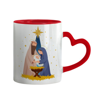 Nativity Jesus Joseph and Mary, Mug heart red handle, ceramic, 330ml