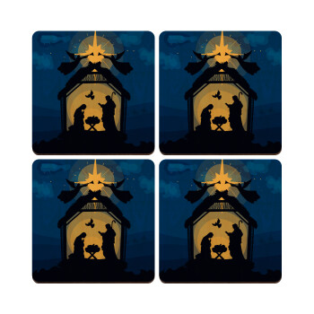 Η γέννηση του Ιησού φάτνη, ΣΕΤ x4 Σουβέρ ξύλινα τετράγωνα plywood (9cm)