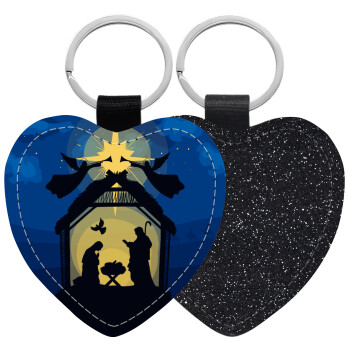 Η γέννηση του Ιησού φάτνη, Μπρελόκ PU δερμάτινο glitter καρδιά ΜΑΥΡΟ