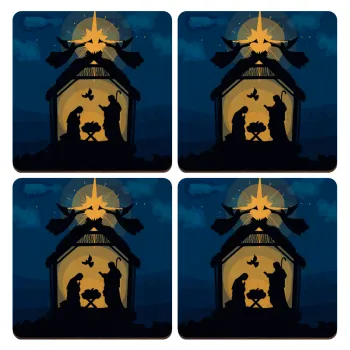 Nativity Jesus manger, ΣΕΤ x4 Σουβέρ ξύλινα τετράγωνα plywood (9cm)