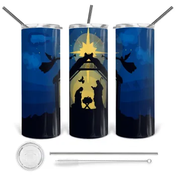 Η γέννηση του Ιησού φάτνη, Tumbler ποτήρι θερμό από ανοξείδωτο ατσάλι 600ml, με μεταλλικό καλαμάκι & βούρτσα καθαρισμού