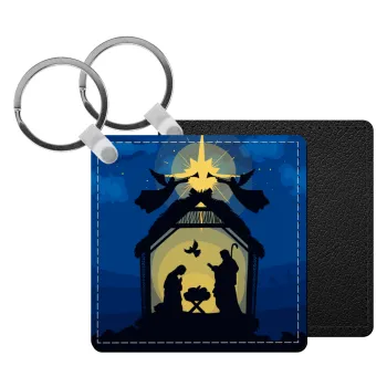 Nativity Jesus manger, Μπρελόκ Δερματίνη, τετράγωνο ΜΑΥΡΟ (5x5cm)