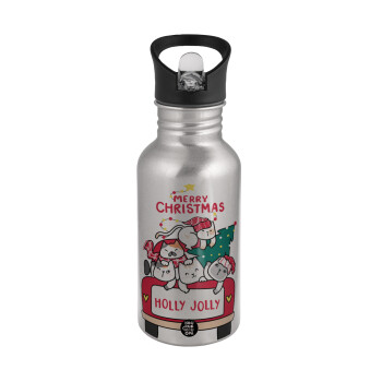 Merry Christmas cats in car, Water bottle Silver with straw, stainless steel 500ml