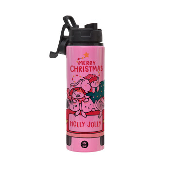 Merry Christmas cats in car, Μεταλλικό παγούρι νερού με καπάκι ασφαλείας, αλουμινίου 850ml