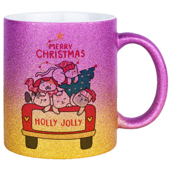 Merry Christmas cats in car, Κούπα Χρυσή/Ροζ Glitter, κεραμική, 330ml
