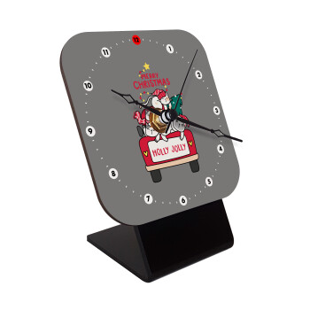 Merry Christmas cats in car, Quartz Wooden table clock with hands (10cm)