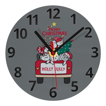 Merry Christmas cats in car, Ρολόι τοίχου γυάλινο (20cm)