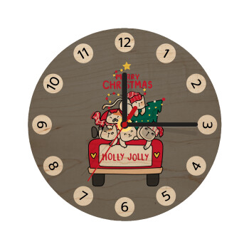 Merry Christmas cats in car, Ρολόι τοίχου ξύλινο plywood (20cm)