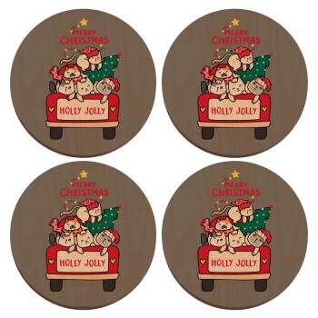 Merry Christmas cats in car, ΣΕΤ x4 Σουβέρ ξύλινα στρογγυλά plywood (9cm)