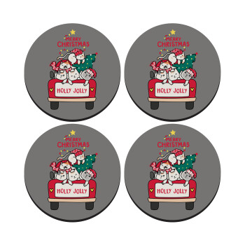 Merry Christmas cats in car, ΣΕΤ 4 Σουβέρ ξύλινα στρογγυλά (9cm)