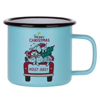 Merry Christmas cats in car, Κούπα Μεταλλική εμαγιέ ΜΑΤ σιέλ 360ml