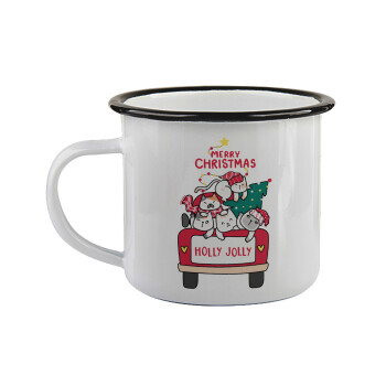 Merry Christmas cats in car, Κούπα εμαγιέ με μαύρο χείλος 360ml