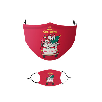 Merry Christmas cats in car, Μάσκα υφασμάτινη παιδική πολλαπλών στρώσεων με υποδοχή φίλτρου
