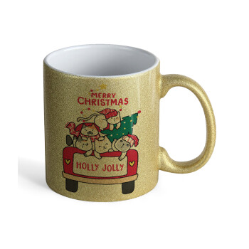 Merry Christmas cats in car, Κούπα Χρυσή Glitter που γυαλίζει, κεραμική, 330ml