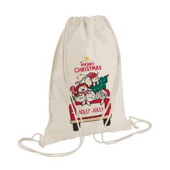 Merry Christmas cats in car, Backpack bag GYMBAG natural (28x40cm)