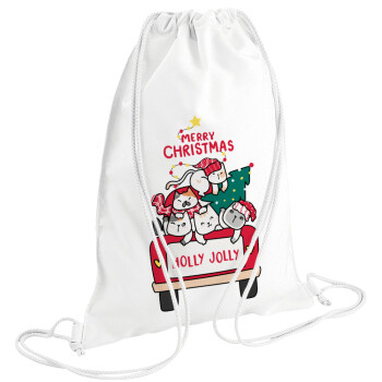 Merry Christmas cats in car, Τσάντα πλάτης πουγκί GYMBAG λευκή (28x40cm)
