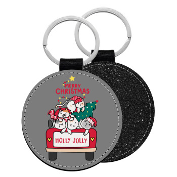 Merry Christmas cats in car, Μπρελόκ Δερματίνη, στρογγυλό ΜΑΥΡΟ (5cm)