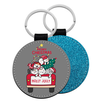 Merry Christmas cats in car, Μπρελόκ Δερματίνη, στρογγυλό ΜΠΛΕ (5cm)