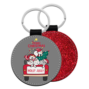 Merry Christmas cats in car, Μπρελόκ Δερματίνη, στρογγυλό ΚΟΚΚΙΝΟ (5cm)