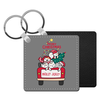 Merry Christmas cats in car, Μπρελόκ Δερματίνη, τετράγωνο ΜΑΥΡΟ (5x5cm)