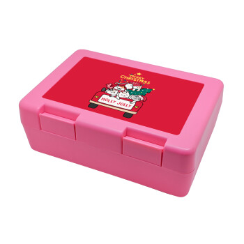 Merry Christmas cats in car, Children's cookie container PINK 185x128x65mm (BPA free plastic)