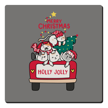 Merry Christmas cats in car, Τετράγωνο μαγνητάκι ξύλινο 6x6cm