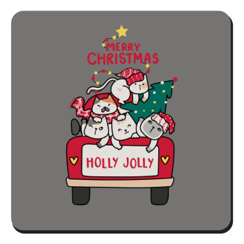 Merry Christmas cats in car, Τετράγωνο μαγνητάκι ξύλινο 9x9cm