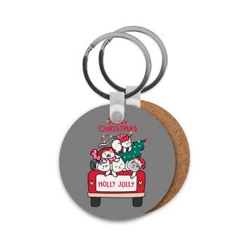 Merry Christmas cats in car, Μπρελόκ Ξύλινο στρογγυλό MDF Φ5cm