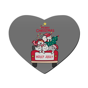 Merry Christmas cats in car, Mousepad heart 23x20cm