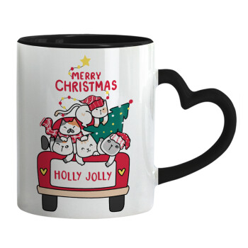 Merry Christmas cats in car, Mug heart black handle, ceramic, 330ml