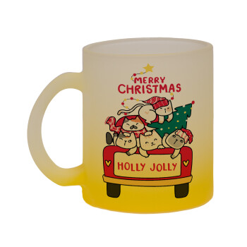 Merry Christmas cats in car, Κούπα γυάλινη δίχρωμη με βάση το κίτρινο ματ, 330ml