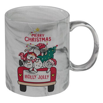 Merry Christmas cats in car, Mug ceramic marble style, 330ml