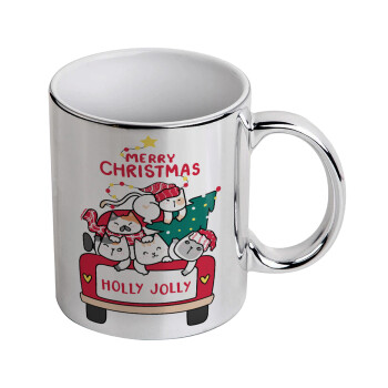 Merry Christmas cats in car, Mug ceramic, silver mirror, 330ml