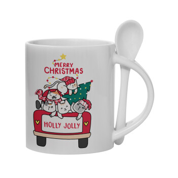 Merry Christmas cats in car, Ceramic coffee mug with Spoon, 330ml (1pcs)