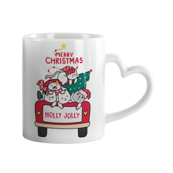 Merry Christmas cats in car, Κούπα καρδιά χερούλι λευκή, κεραμική, 330ml
