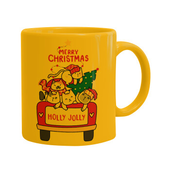 Merry Christmas cats in car, Κούπα, κεραμική κίτρινη, 330ml (1 τεμάχιο)