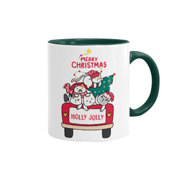 Merry Christmas cats in car, Mug colored green, ceramic, 330ml