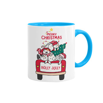 Merry Christmas cats in car, Κούπα χρωματιστή γαλάζια, κεραμική, 330ml