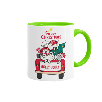 Merry Christmas cats in car, Mug colored light green, ceramic, 330ml