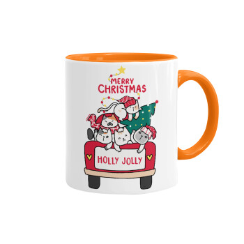 Merry Christmas cats in car, Mug colored orange, ceramic, 330ml