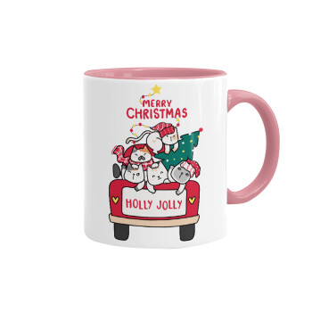 Merry Christmas cats in car, Mug colored pink, ceramic, 330ml