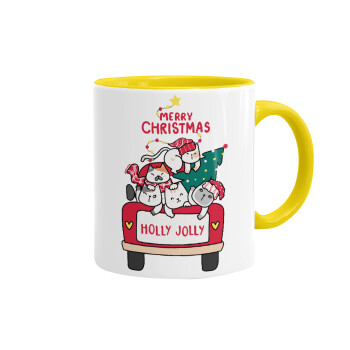 Merry Christmas cats in car, Mug colored yellow, ceramic, 330ml