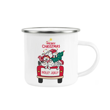 Merry Christmas cats in car, Metallic enamel cup white 360ml