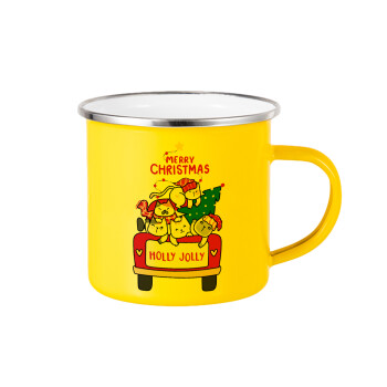 Merry Christmas cats in car, Yellow Enamel Metallic Cup 360ml